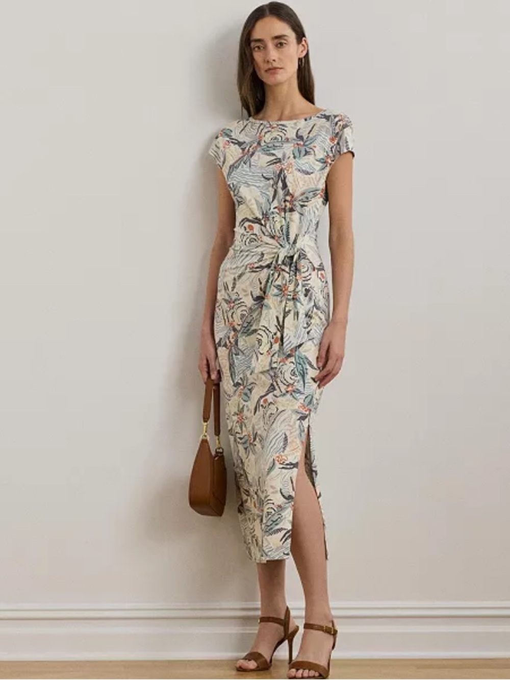 Ralph Lauren Women's Tie-Front Print Boatneck Midi Dress Size XL